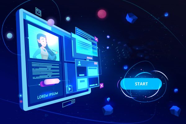 Website development banner, computer technology, monitor with open browser page and woman profile on screen, futuristic background in neon glowing colors. Cartoon vector illustration, landing page